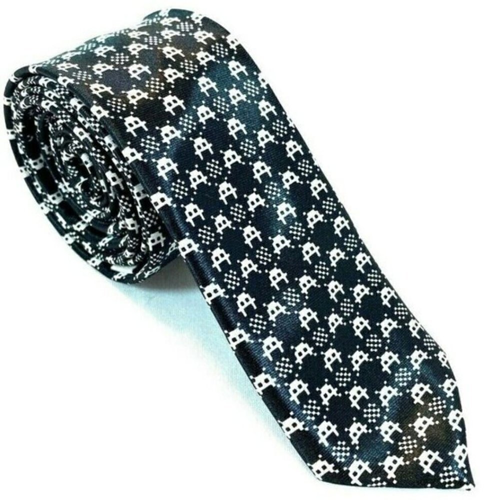Black Tie Geek Space Invaders Skinny Tie, Black & White